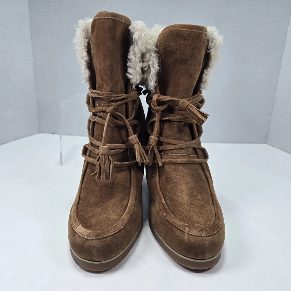 CECELIA NEW YORK North Star Chestnut Suede Leather Faux Fur Wedge Boots Size 8.5